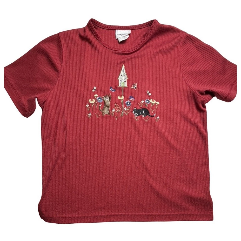 BonWorth Petite Small Red Ribbed Cat Embroidered Shirt Cottagecore Birdhouse Top